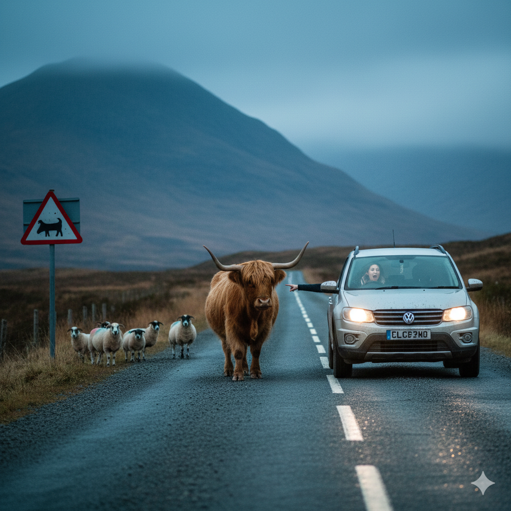 Auto che guida sulla sinistra in una stretta single-track road delle Highlands scozzesi, costretta a fermarsi per mucche delle Highlands in libertà.