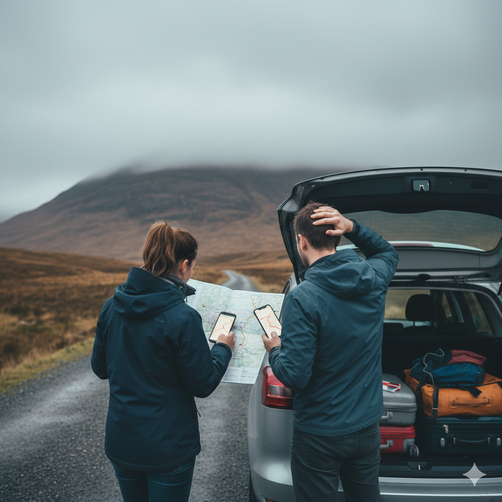 Coppia di viaggiatori stressati consulta mappa e smartphone accanto a un'auto con bagagliaio aperto nelle Highlands scozzesi