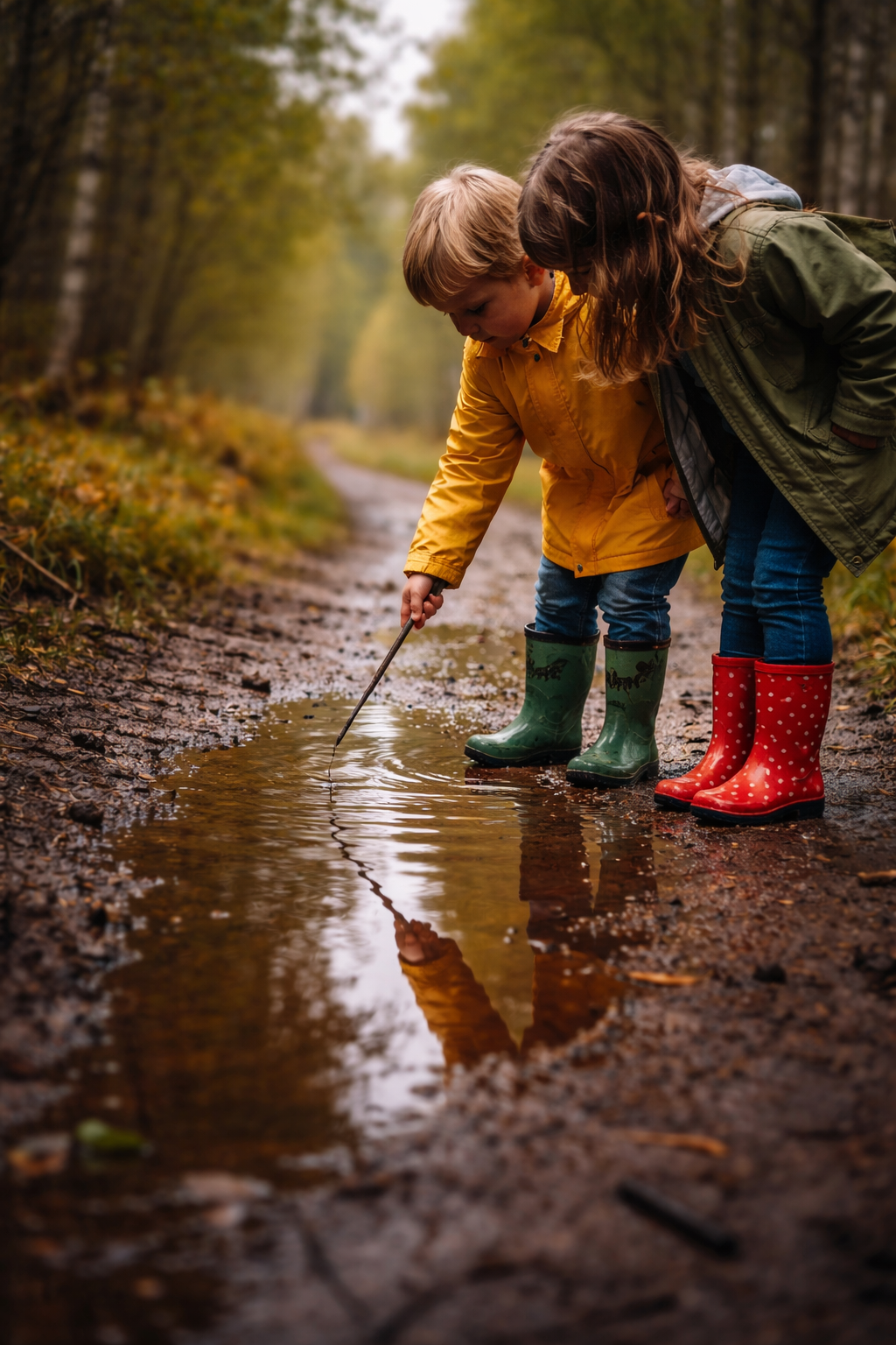 Bambino che osserva una pozzanghera durante un viaggio lento in Scozia