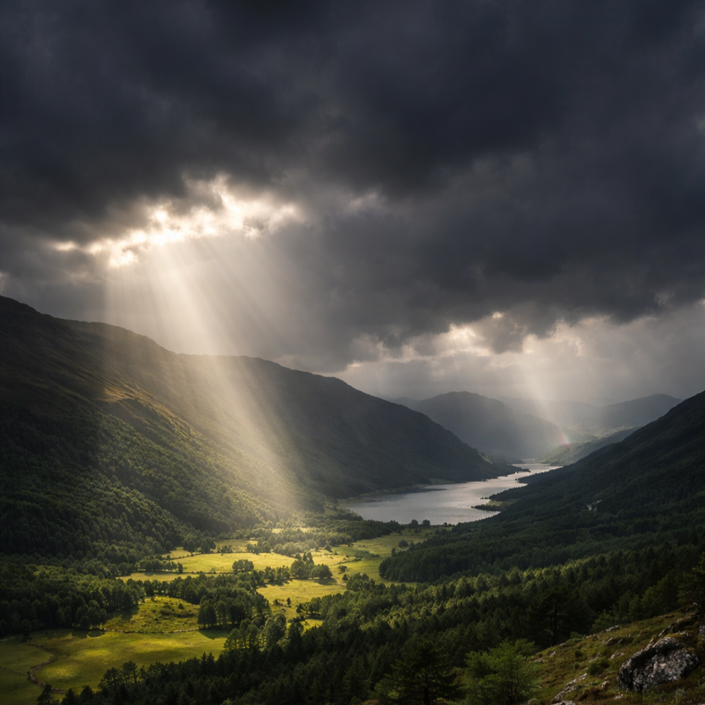 meteo in Scozia con cielo nuvoloso e raggi di luce sulle Highlands