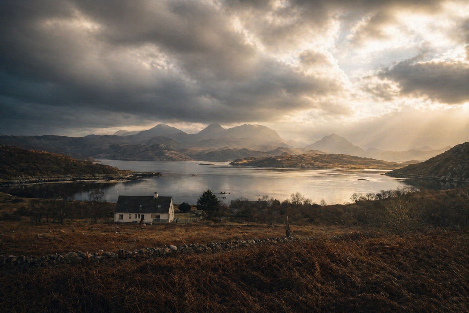 paesaggio delle Highlands scozzesi con lago, casa isolata e luce che filtra tra le nuvole